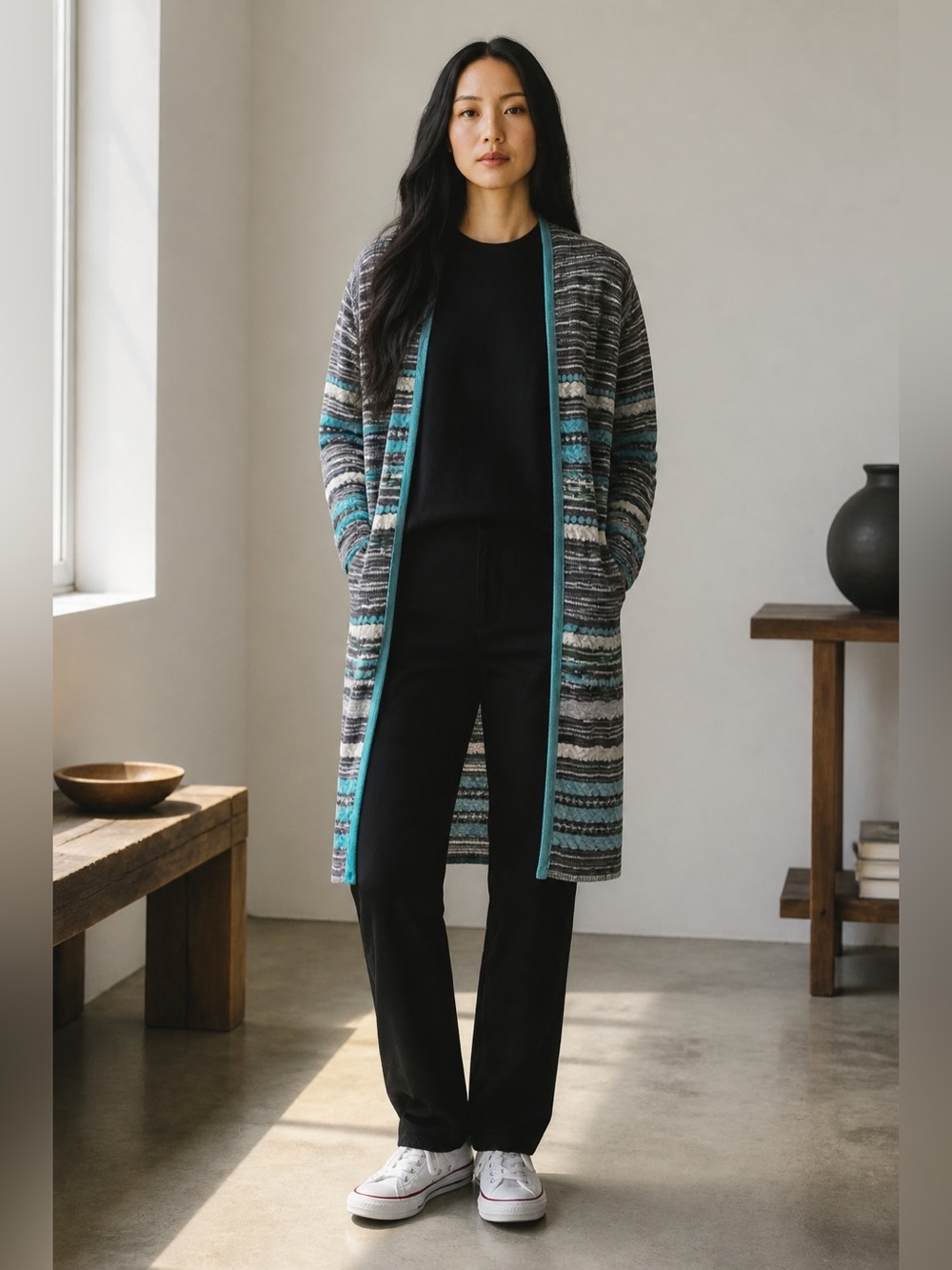 Authentic Missoni Long-line Striped Open-Front Cardigan Teal, Silver, Purple